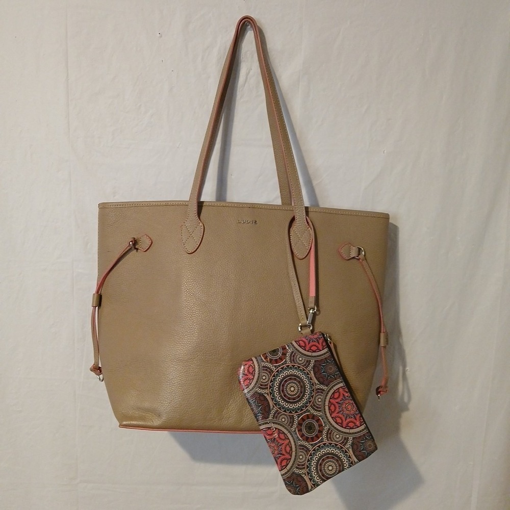 LODIS Tan Taupe Leather Convertible  Tote Bag Pink Interior‎ Matching Wristlet
